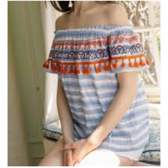 THML Top Blue Orange Ivory S Small Tassel Embroidered Cotton Off Shoulder - Picture 2 of 8